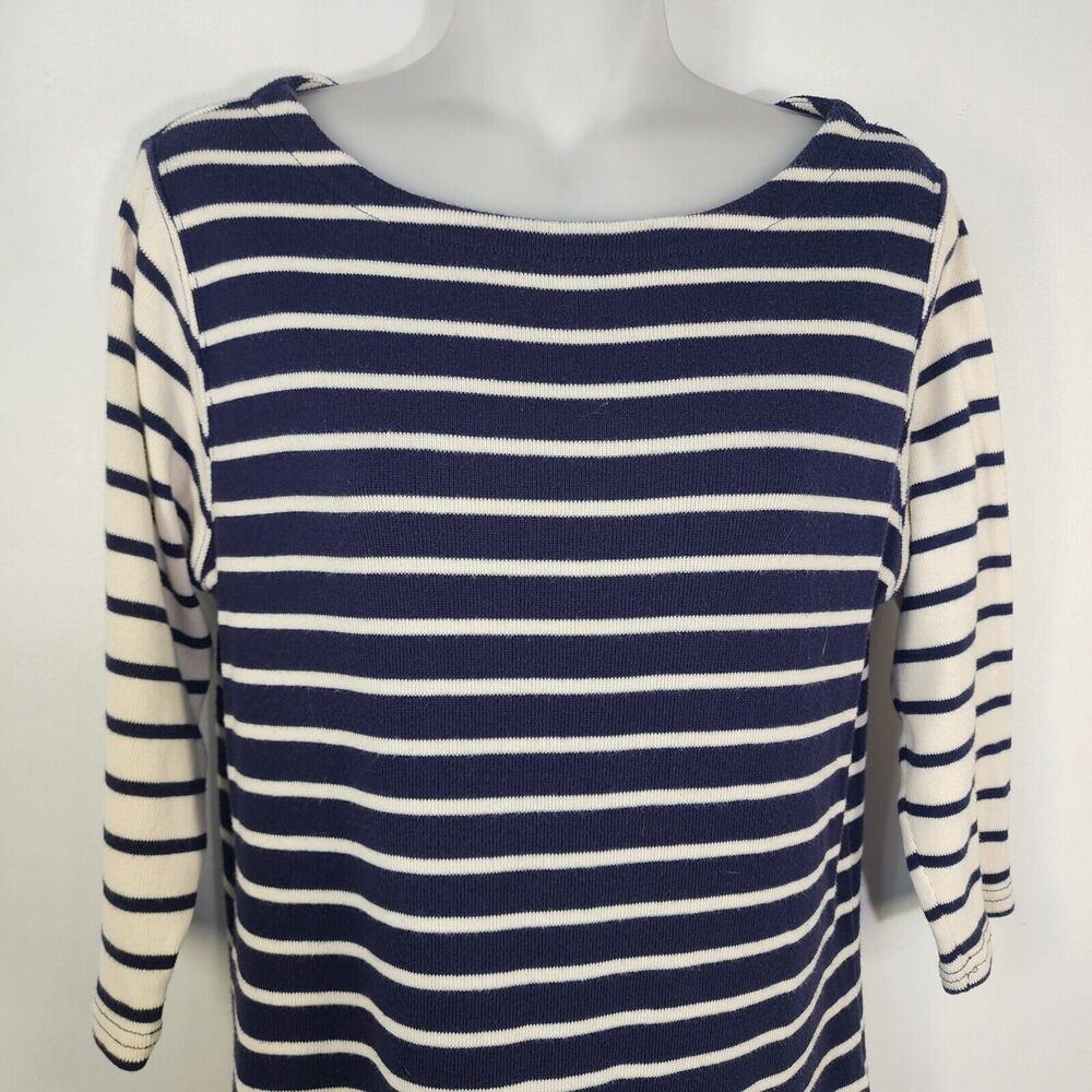 LL Bean Womens Top Small Reg French Sailor Knit Blue Stripe 3/4 Sleeve Boatneck - Picture 3 of 8